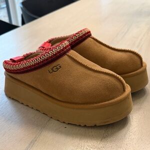 UGG Tan Slippers with Red Trim